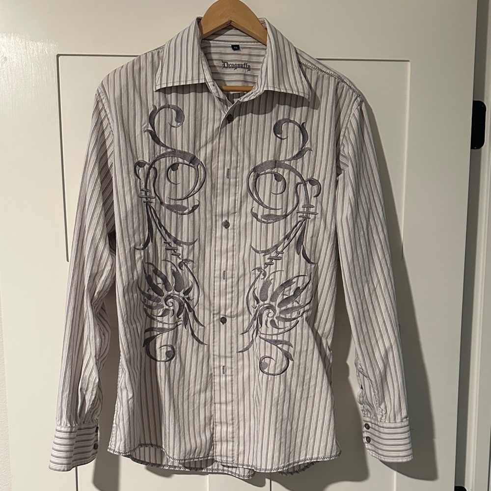 🔥'Dragonfly' Men's White and Gray Embroidered Shirt